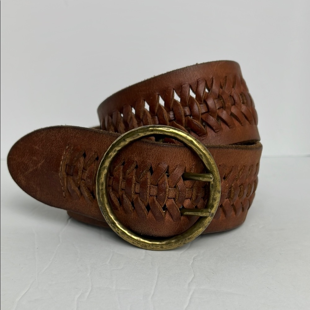 Braided Wide Brown Leather Belt Round Buckle Sz M/L